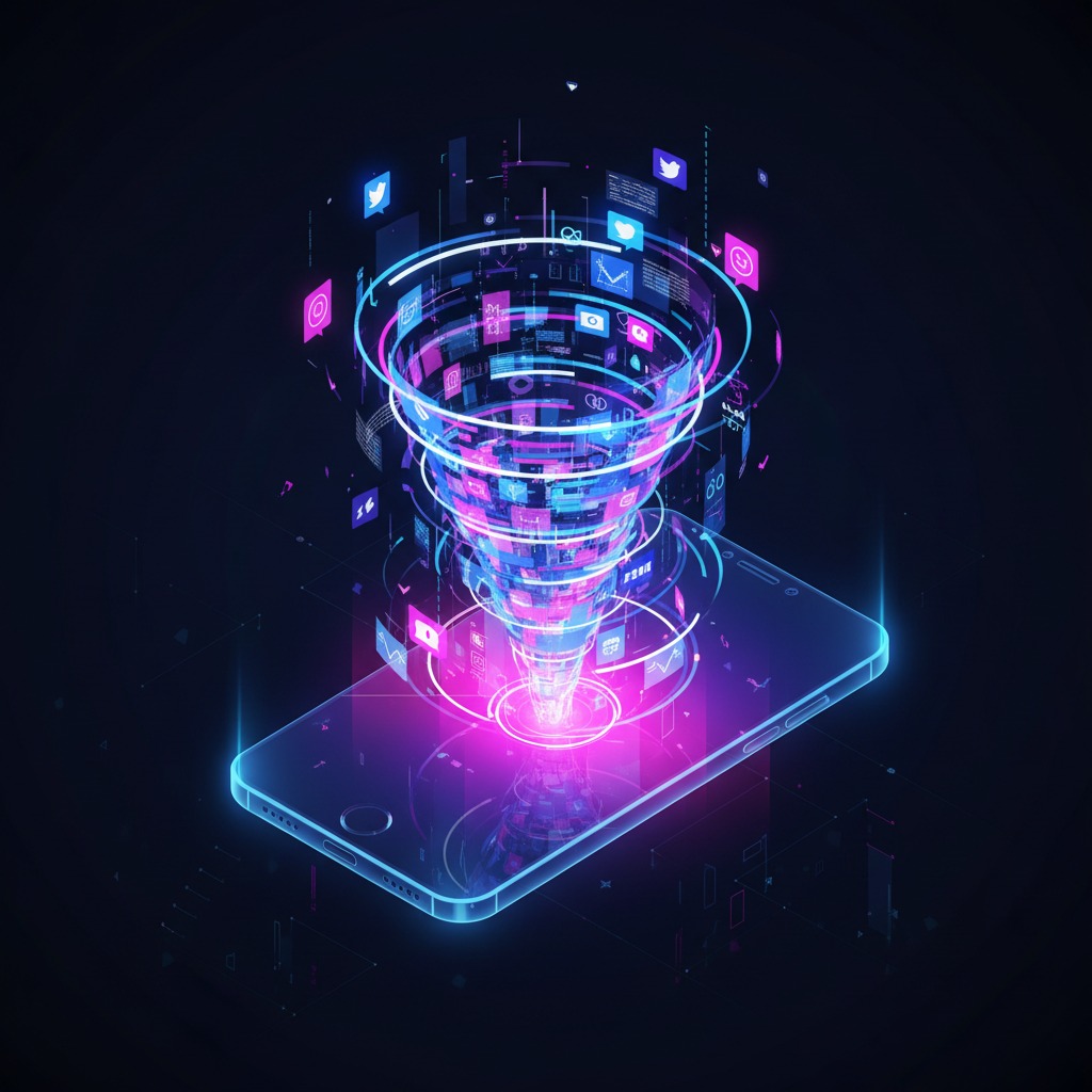 A glowing blue and pink digital data funnel emerges from the screen of a modern smartphone against a dark background.